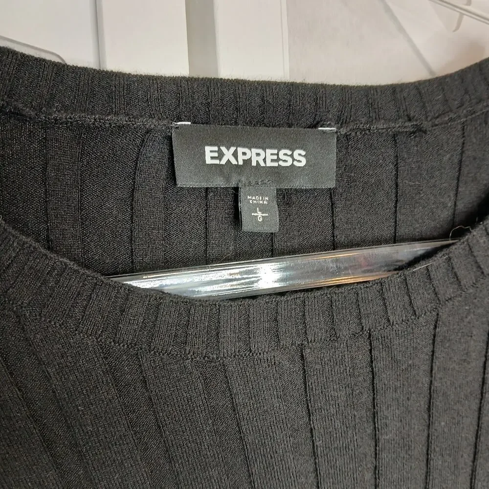 Express Black Stretch Ribbed Crop Crew Neck Sweater Womens LG Goth Academia - Picture 4 of 9